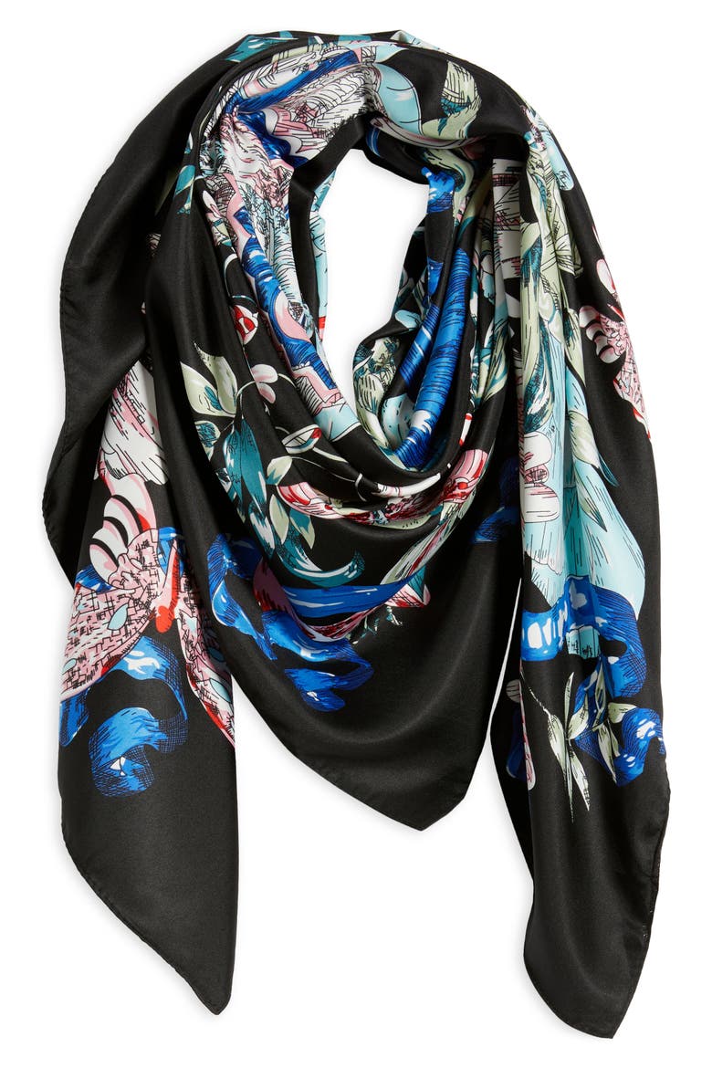 Butterfly Floral Scarf, Alternate, color, BLACK