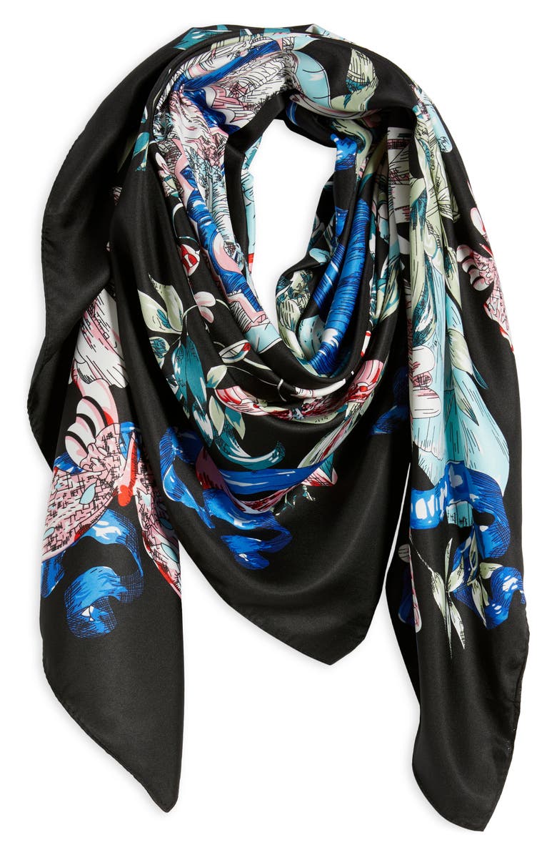Tasha Butterfly Floral Scarf, Alternate, color, Black