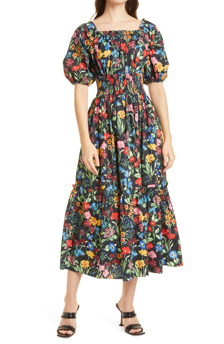 Cara Cara Mimi Floral Puff Sleeve Midi Dress, Main, color, Floral Garden Black
