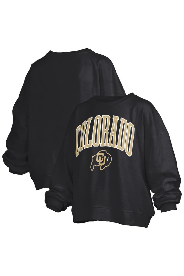 Women's Pressbox Black Colorado Buffaloes Janise Arch Over Logo Waist Length Oversized Pullover Sweatshirt, Main, color, Black