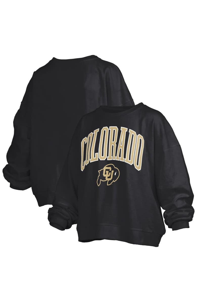 PRESSBOX Women's Pressbox Black Colorado Buffaloes Janise Arch Over Logo Waist Length Oversized Pullover Sweatshirt, Main, color, Black
