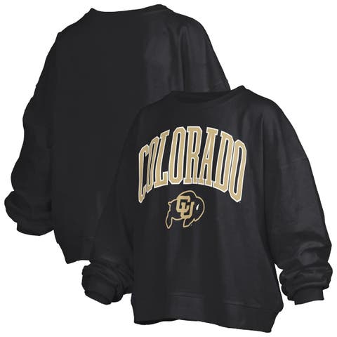 Women's Pressbox Black Colorado Buffaloes Janise Arch Over Logo Waist Length Oversized Pullover Sweatshirt