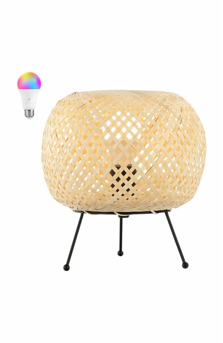 JONATHAN Y Palma Bohemian Rustic Iron/Rattan LED Mini Table Lamp with Smart Bulb, Main, color, Light Brown/Black