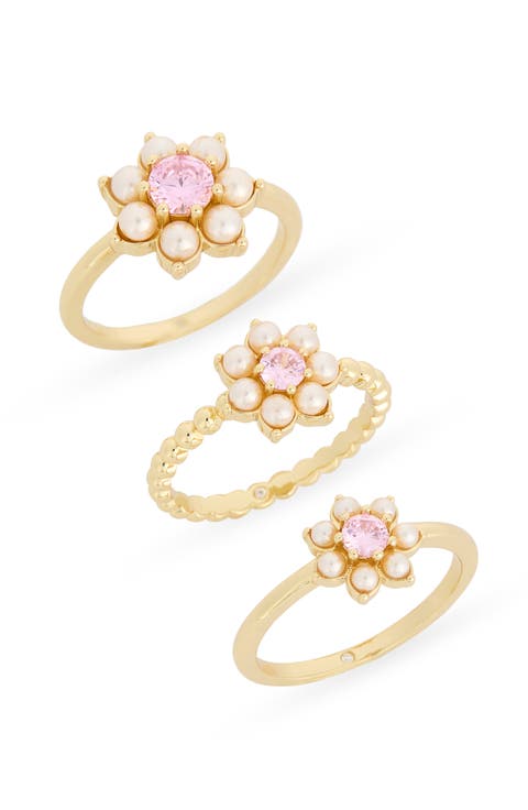 Set of 3 Faux Pearl & Cubic Zirconia Flower Rings