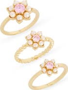 Covet Set of 3 Faux Pearl & Cubic Zirconia Flower Rings