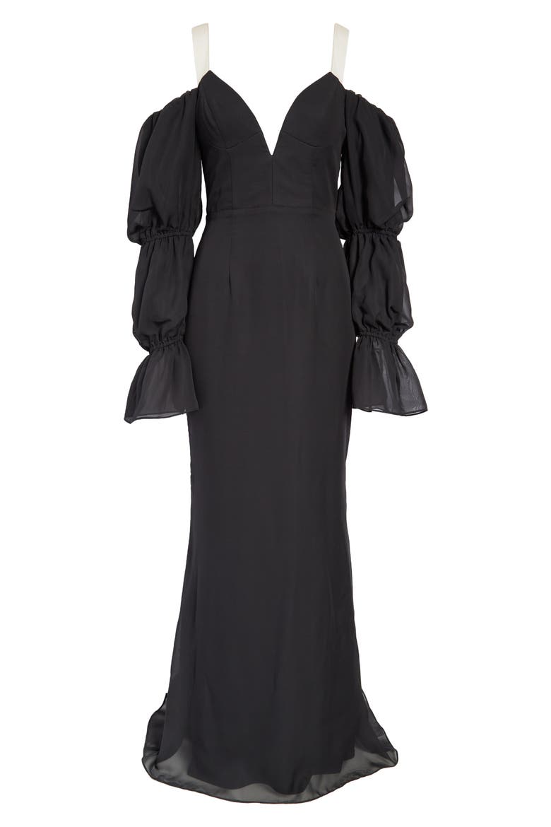 Estella Tiered Long Sleeve Strapless Mermaid Gown, Alternate, color, BLACK