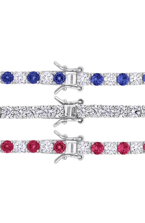 Delmar Set Of 3 Sterling Silver Lab Grown White Sapphire, Blue Sapphire & Ruby Tennis Bracelets In Silver Multi