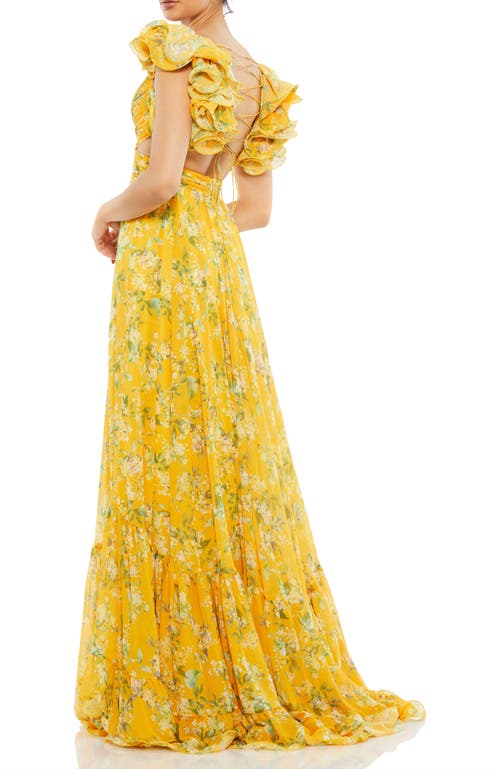 Mac Duggal Floral Chiffon Cutout Ballgown In Lemon Multi
