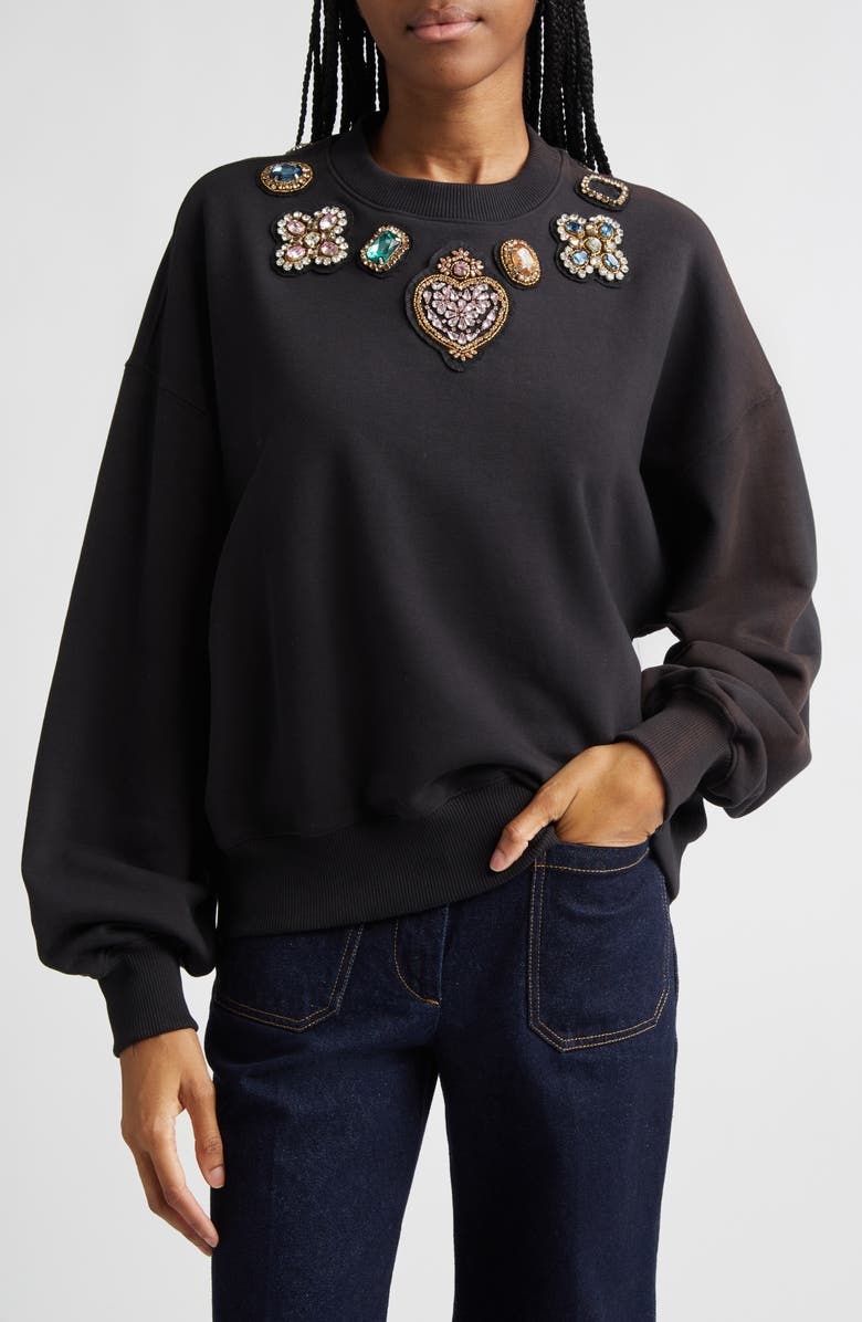 Cinq à Sept Baroque Patches Rhinestone Sweater, Main, color, Black Multi