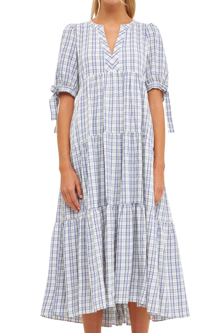 Plaid Tiered Midi Dress, Alternate, color, CREAM MULTI