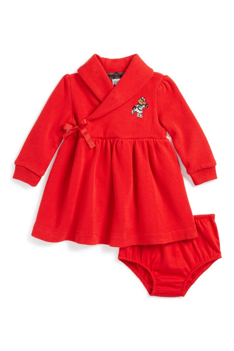 Knit Shawl Collar Dress & Bloomers, Main, color, RED