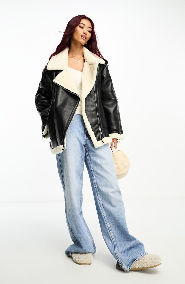 ASOS DESIGN Faux Leather & Faux Fur Aviator Jacket, Alternate, color, 