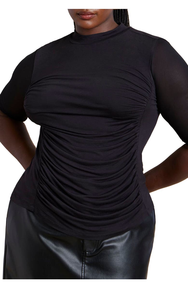 ELOQUII Shirred Mockneck Top With Sheer Sleeve, Main, color, Black Onyx