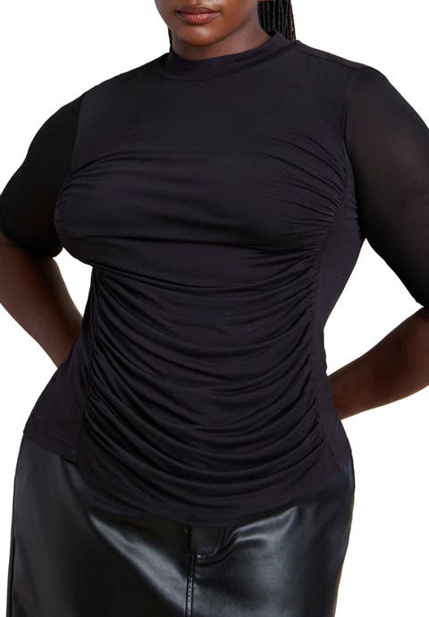 Shirred Mockneck Top With Sheer Sleeve (Plus Available)