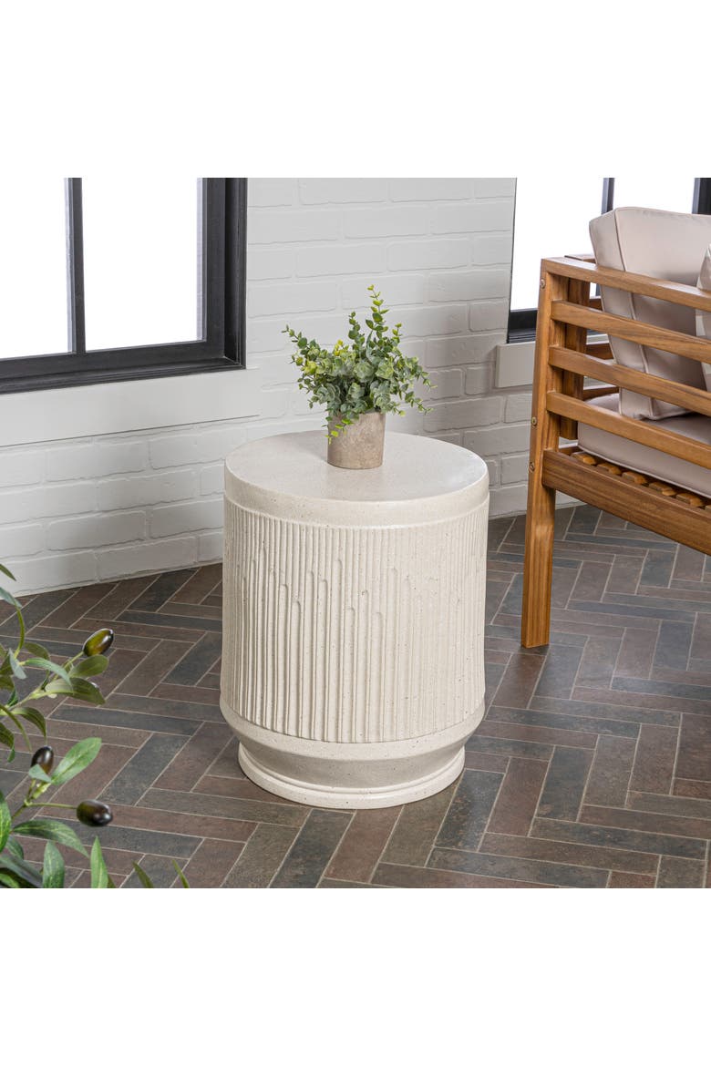 Kline Modern Ribbed UV-Resistant Resin Outdoor Accent Table, All-Weather Patio Drum Side Table & Garden Stool, Alternate, color, Cream Terrazzo