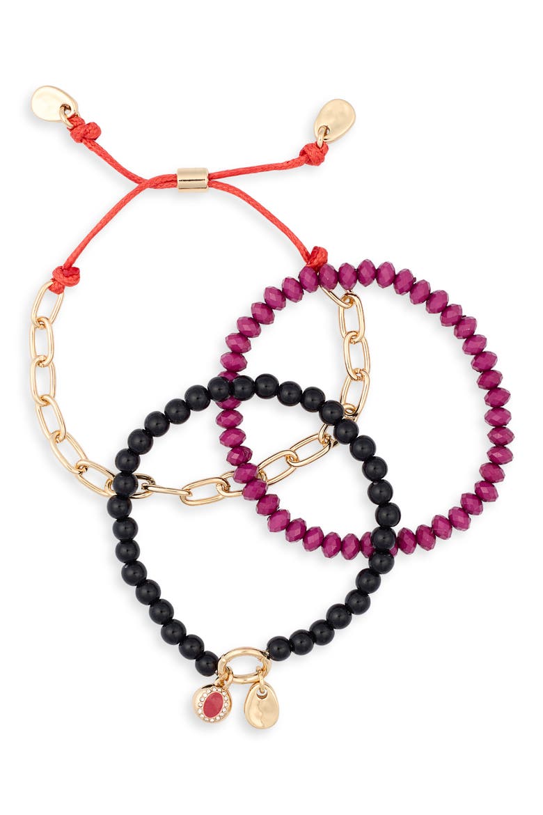 Set of 3 Mixed Media Bracelets, Main, color, BURGUNDY MULTI- GOLD