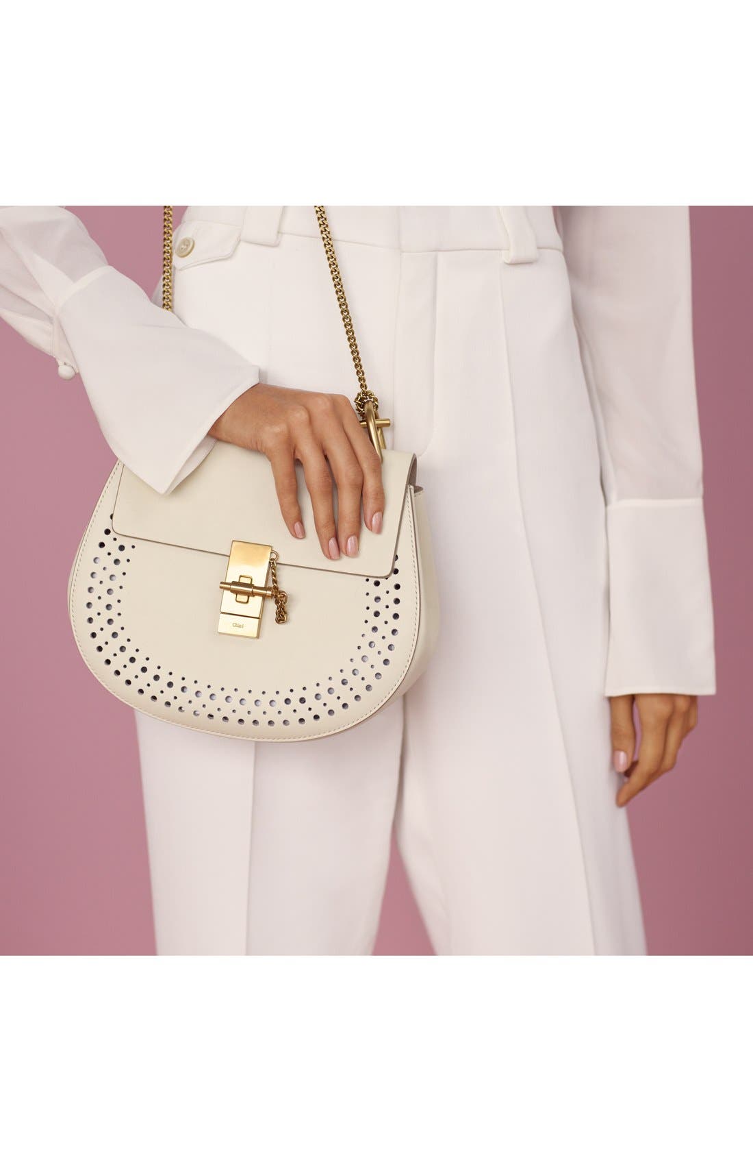 'Mini Drew' Calfskin Leather Shoulder Bag, Alternate, color, LACE WHITE