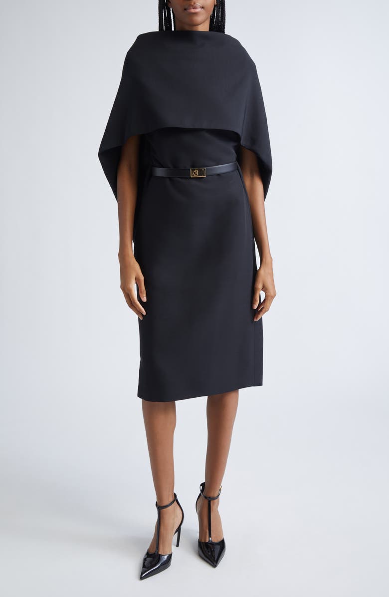 FERRAGAMO Belted Faille Cape Dress, Main, color, Nero