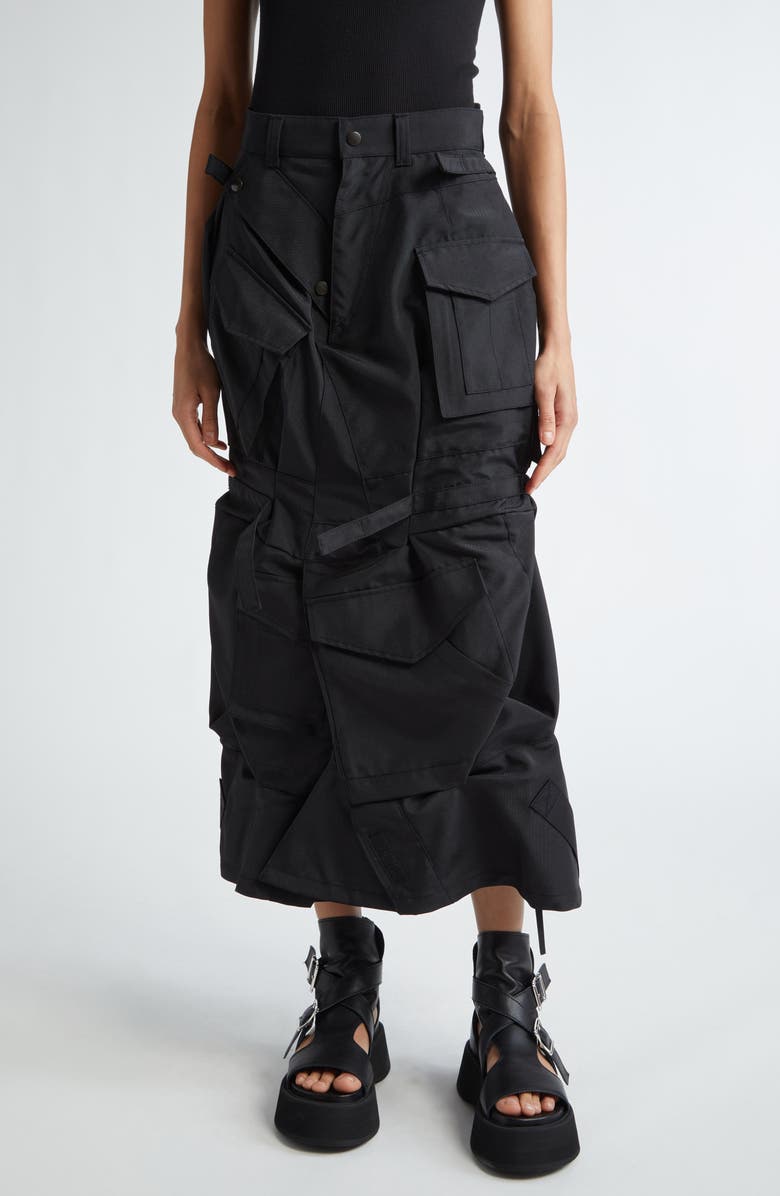 Junya Watanabe Matte Satin Cargo Midi Skirt, Main, color, 