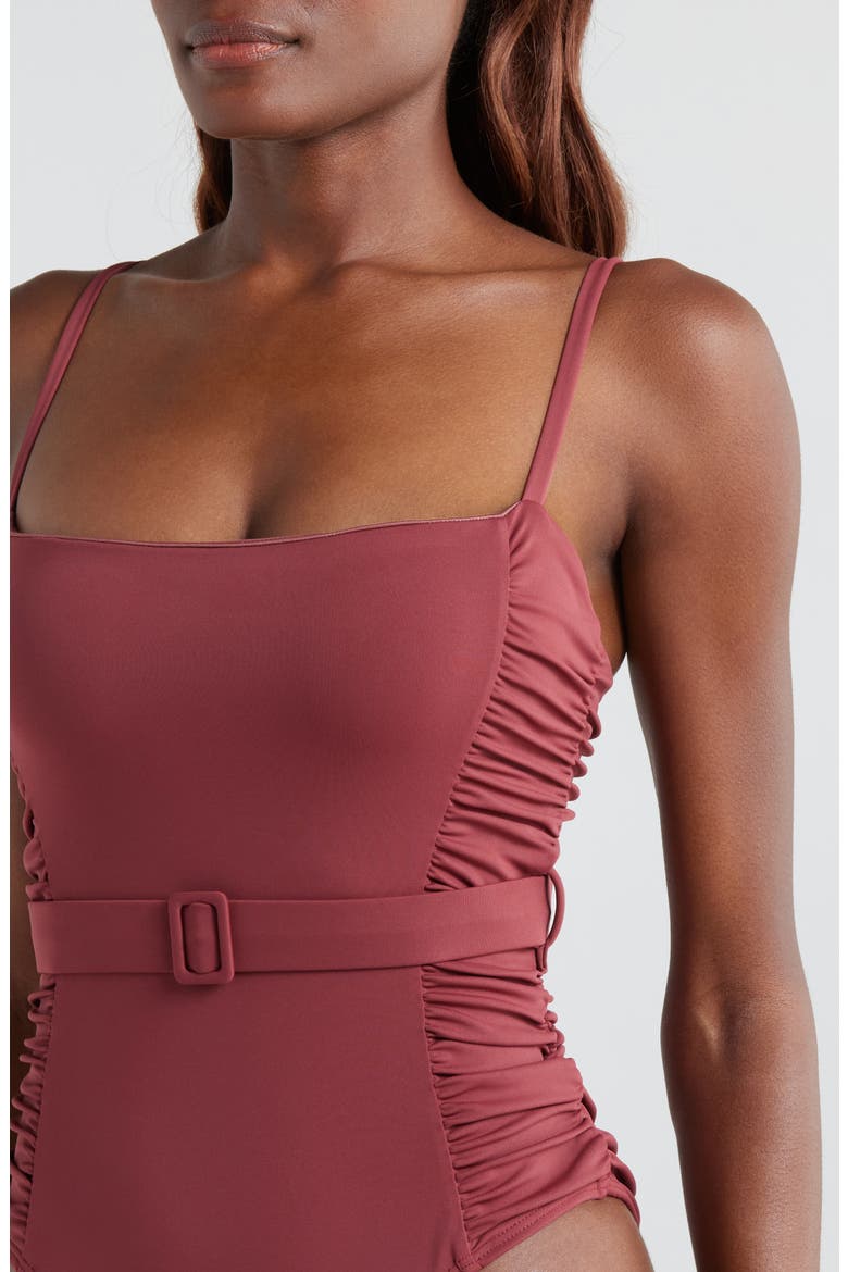 Ruched Belted One-Piece Swimsuit, Alternate, color, BROWN