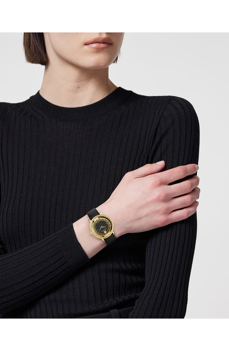 Versace Greca Flourish Leather Strap Watch, 35mm, Alternate, color,