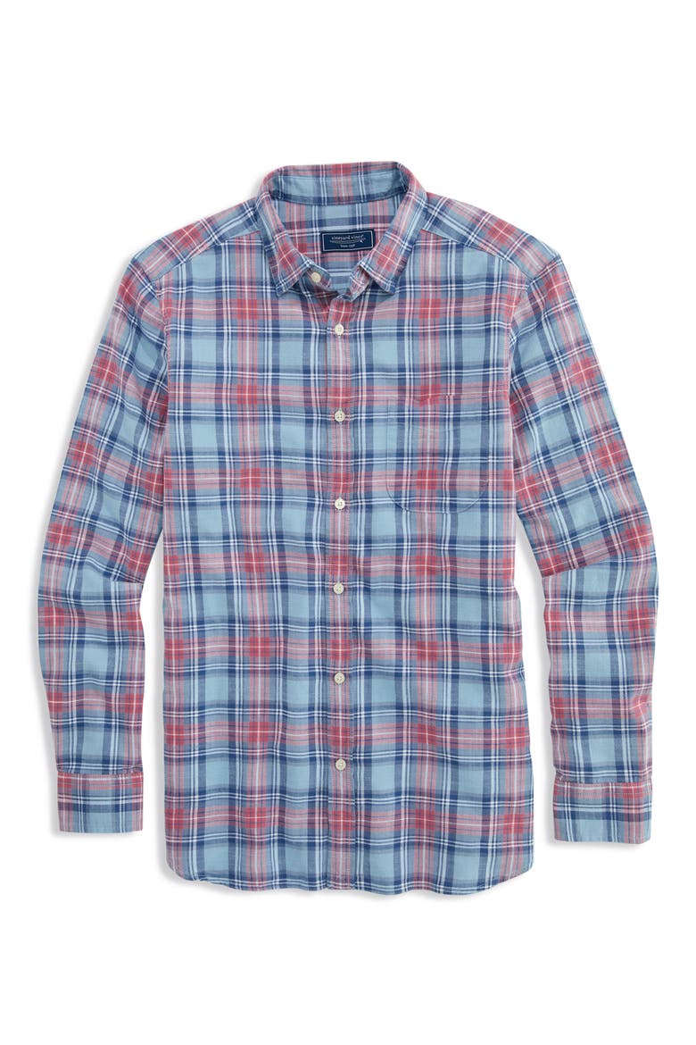 Folly Beach Plaid Island Slub Cotton Spread Collar, Main, color, JAKE BLUE