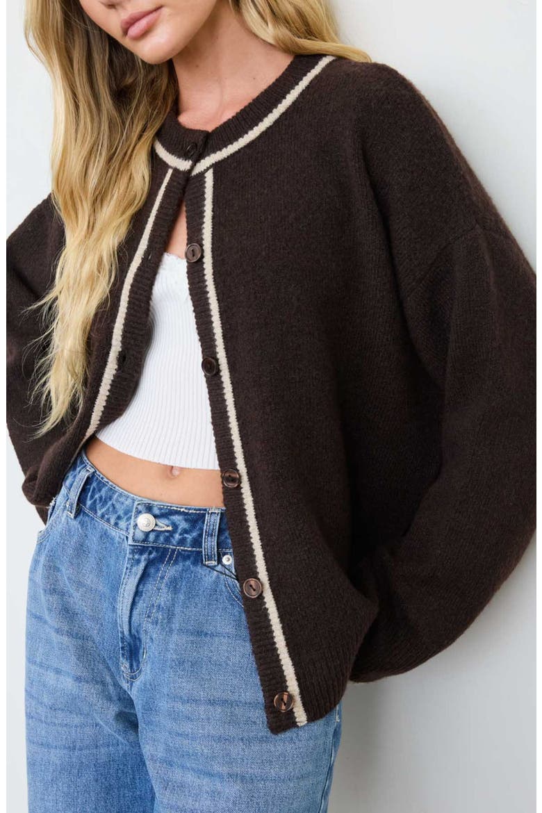 Contrast Trim Cardigan, Alternate, color, BROWN