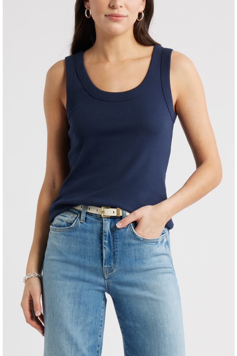Scoop Neck Rib Cotton Tank, Main, color, NAVY STILL