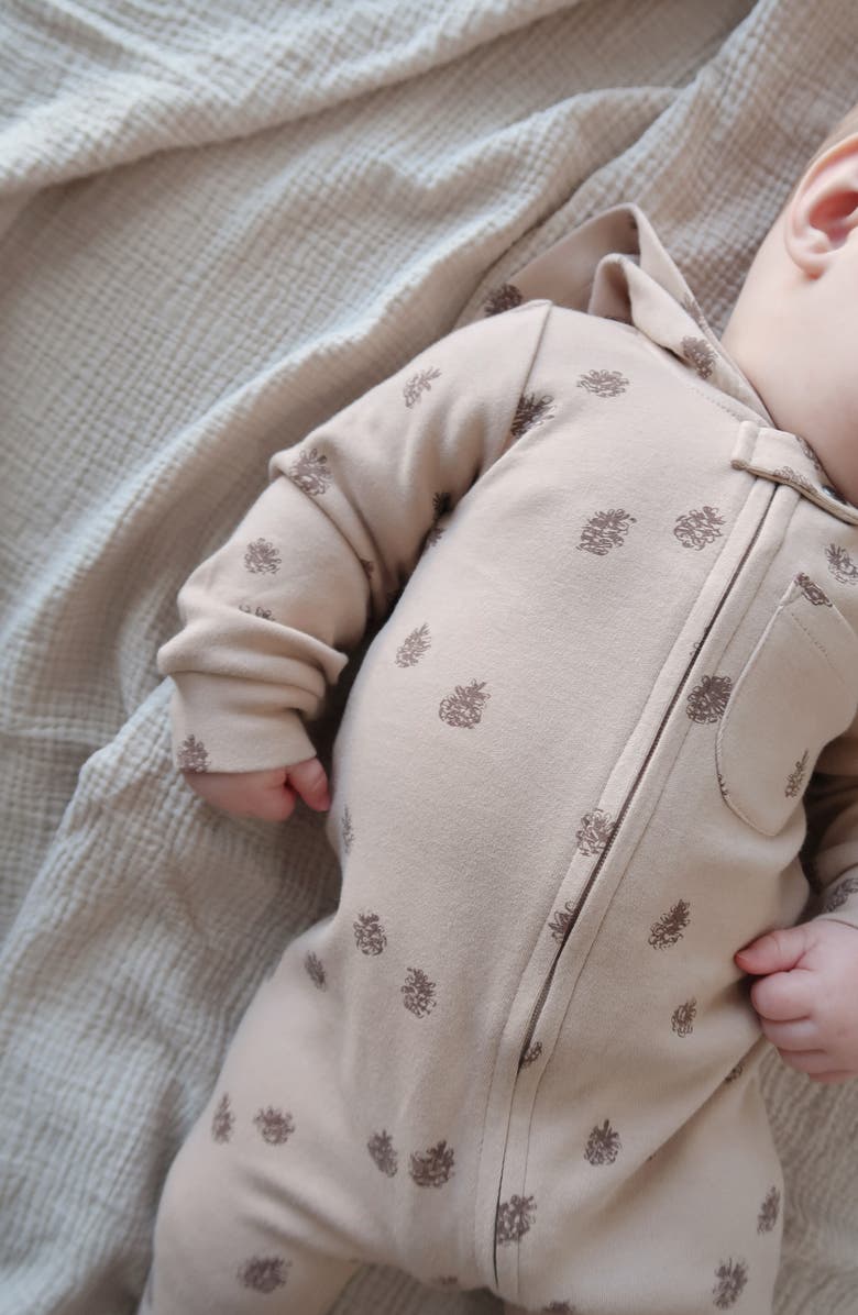 L'ovedbaby Print Organic Cotton Hooded Romper, Alternate, color, Oatmeal Pinecone