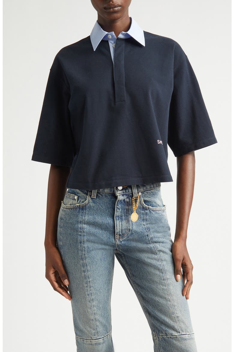 Crop Piqué Polo Shirt, Main, color, NAVY