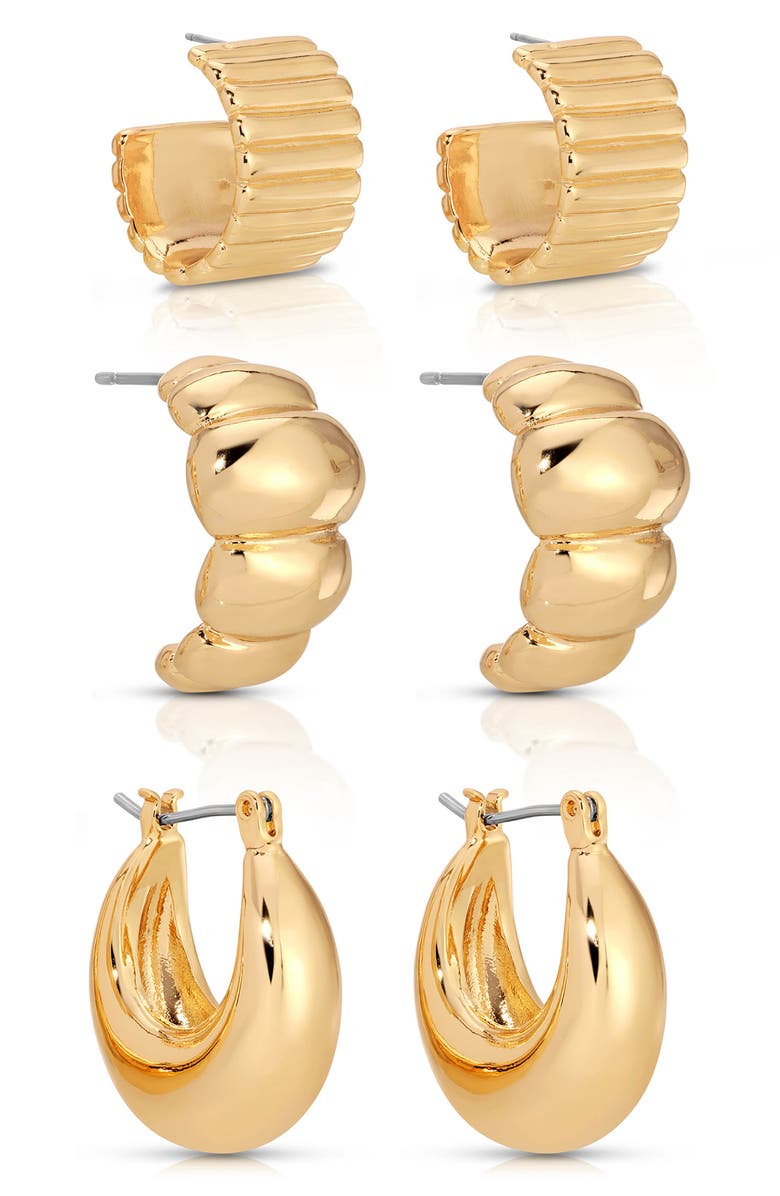 Ettika Golden Age Set of 3 Huggie Hoop Earrings, Alternate, color, Gold