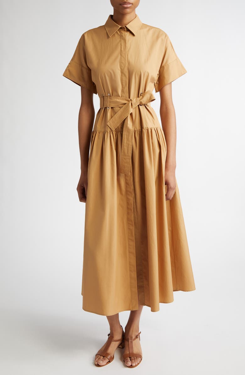 Max Mara Agoraio Cotton Belted Shirtdress, Main, color, Caramel