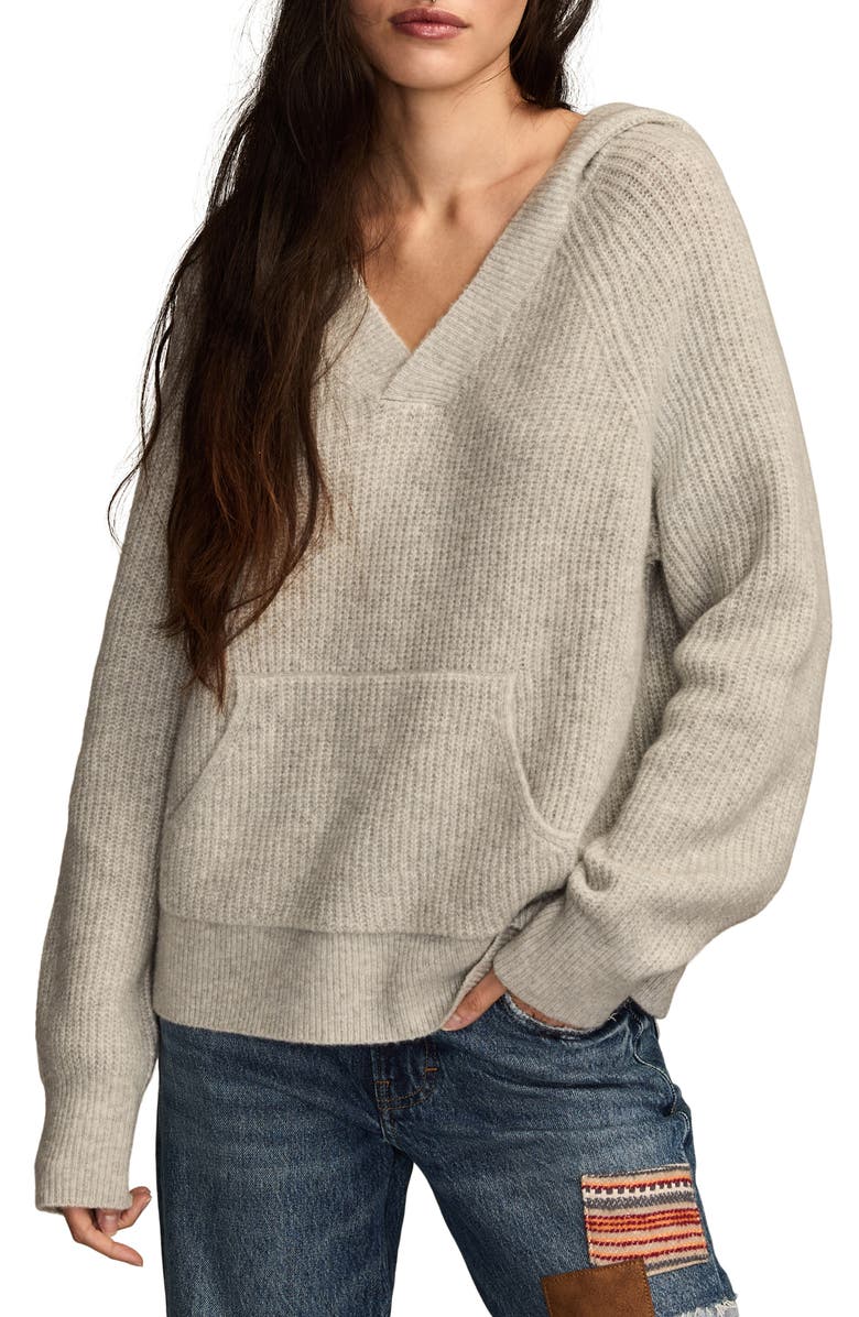Lucky Brand Cloud Soft V-Neck Sweater Hoodie, Main, color, Light Heather Gray