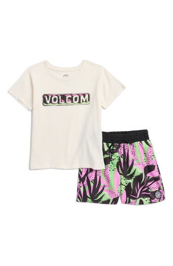 Volcom Kids' Jersey Graphic T-shirt & Swim Shorts Set In White