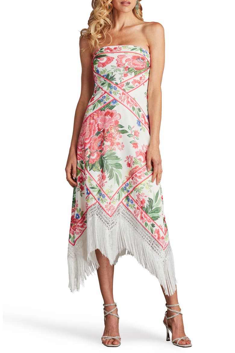Scarf Print Fringe Detail Strapless Cocktail Midi Dress, Main, color, WHITE/ FUCHSIA FLORAL