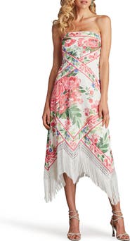 Tadashi Shoji Scarf Print Fringe Detail Strapless Cocktail Midi Dress