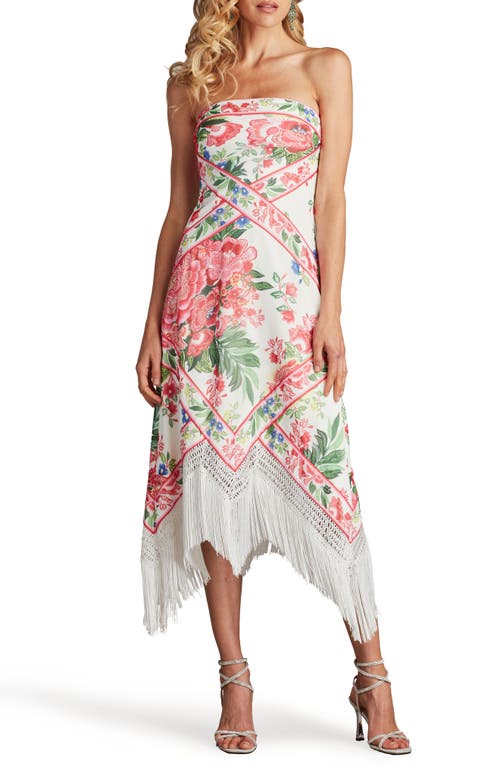 Tadashi Shoji Brette Floral Print Tassel Fringe Midi Dress In White/fuchsia Floral