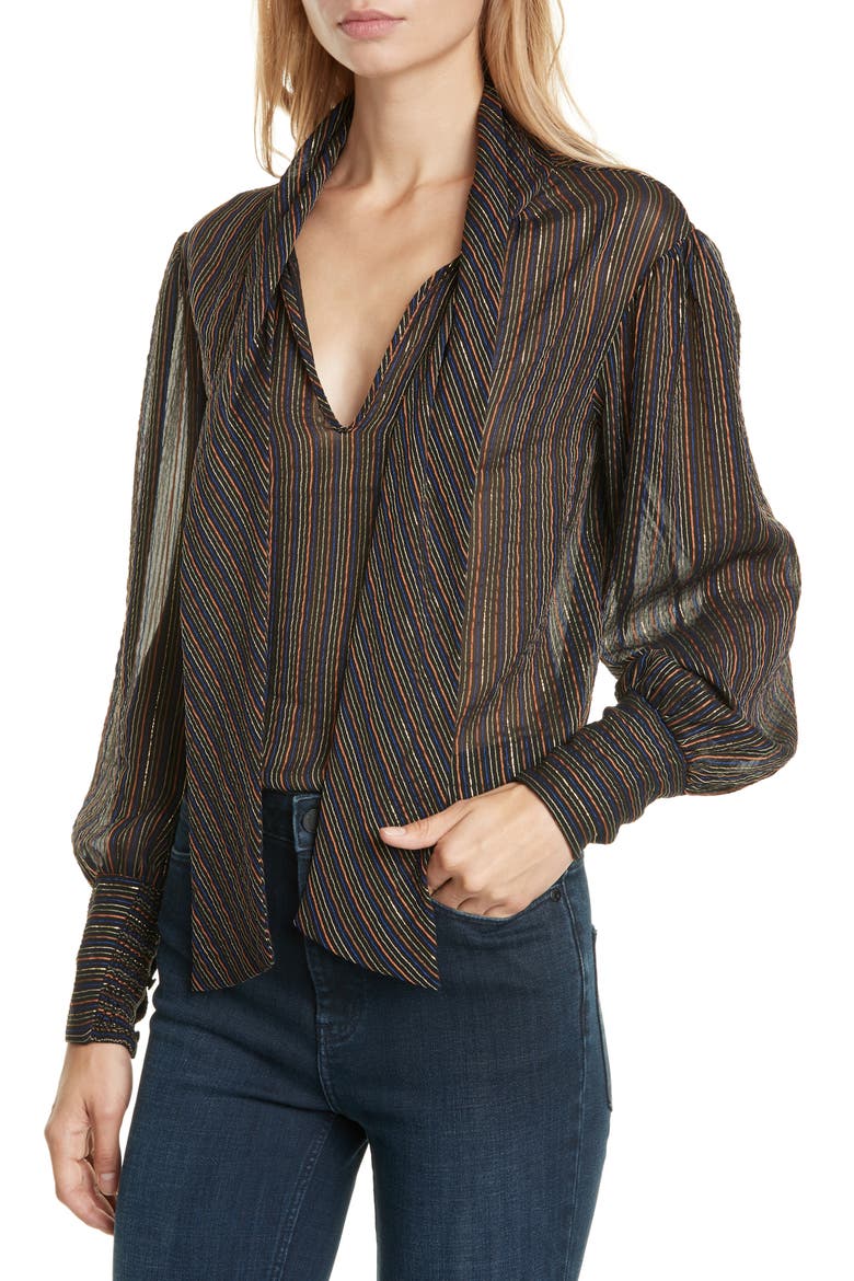 Metallic Stripe Tie Neck Silk Blend Blouse, Alternate, color, BLACK COMBO