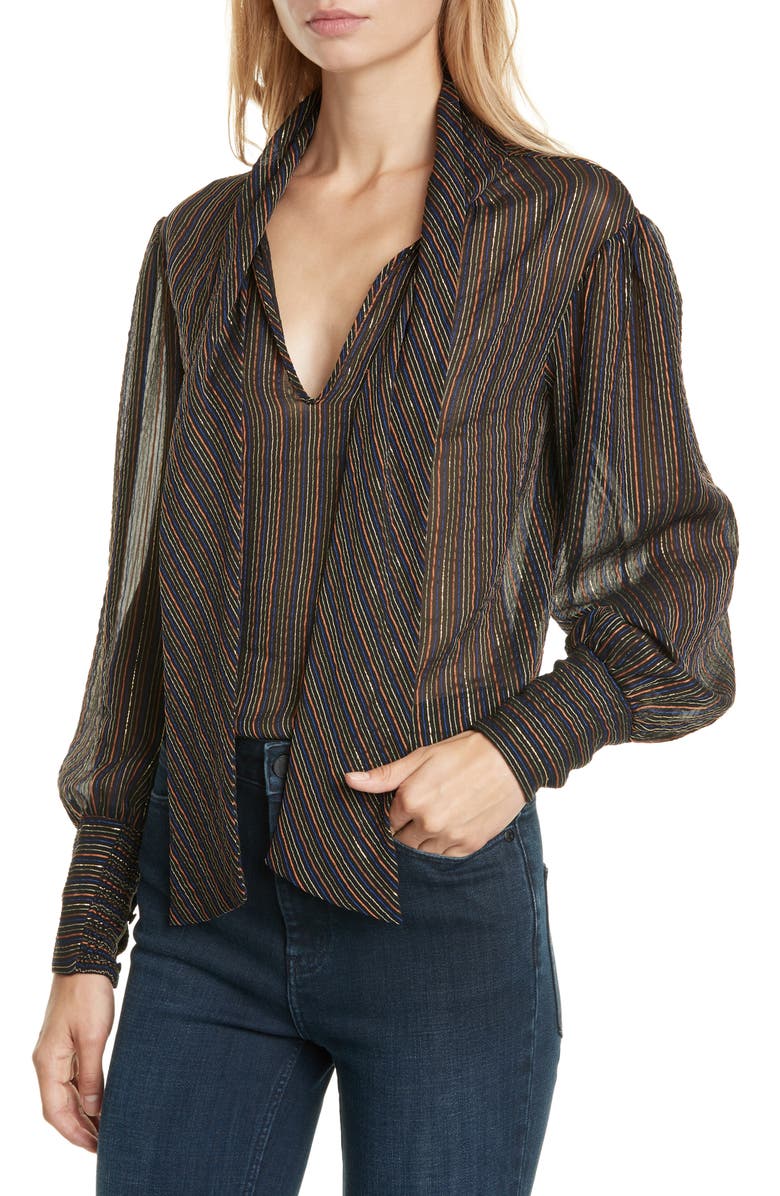 Rebecca Taylor Metallic Stripe Tie Neck Silk Blend Blouse, Alternate, color, 