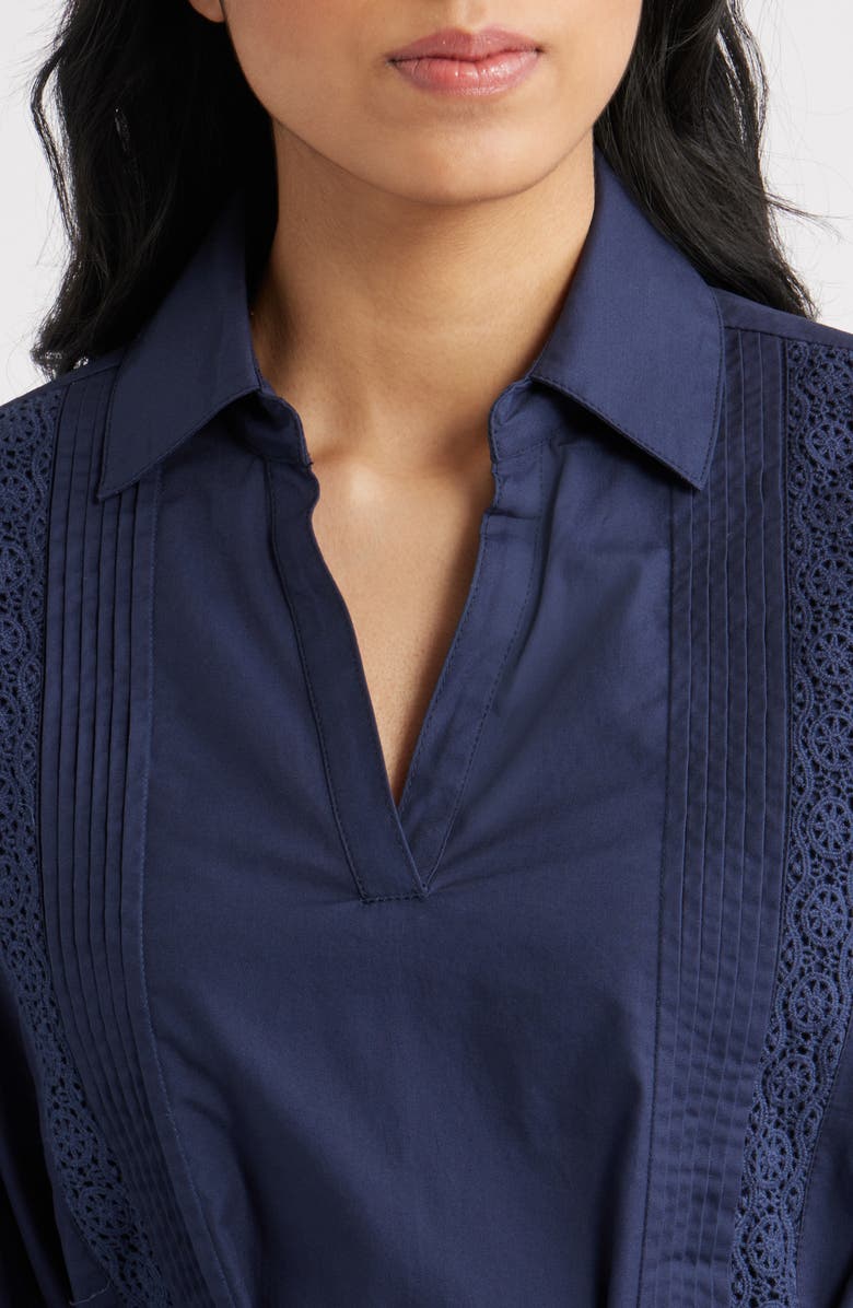 Julia Jordan Lace Trim Tie Waist Long Sleeve Dress, Alternate, color, Navy