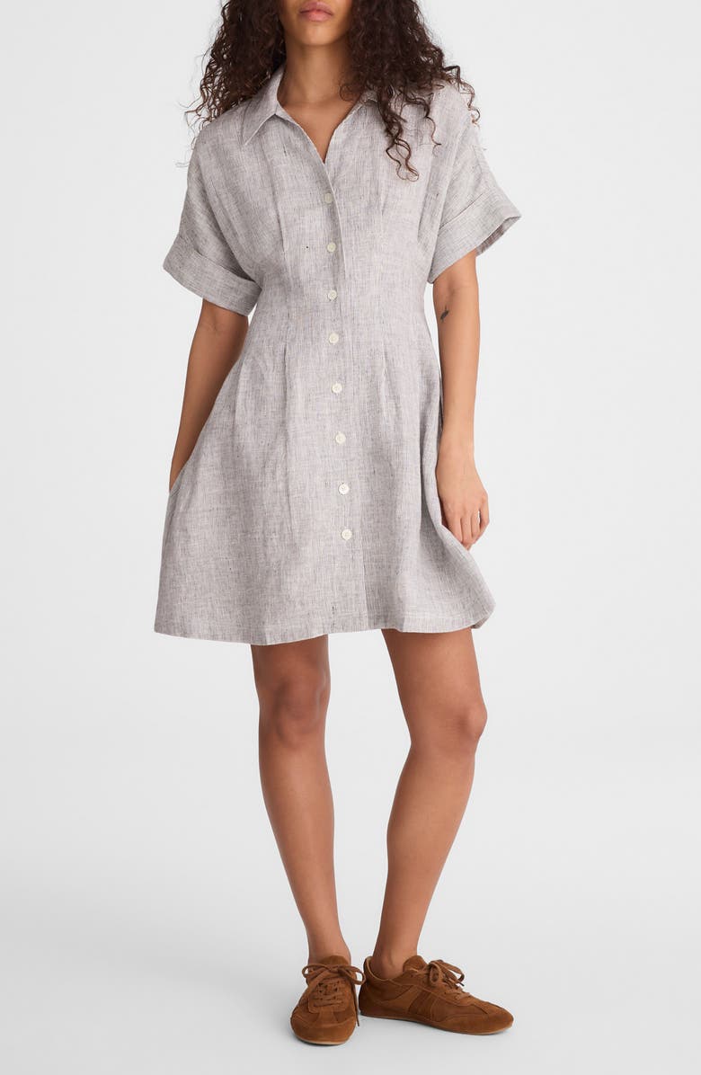 Madewell Pleated Linen Mini Shirtdress, Main, color, Black White Mini Stripe
