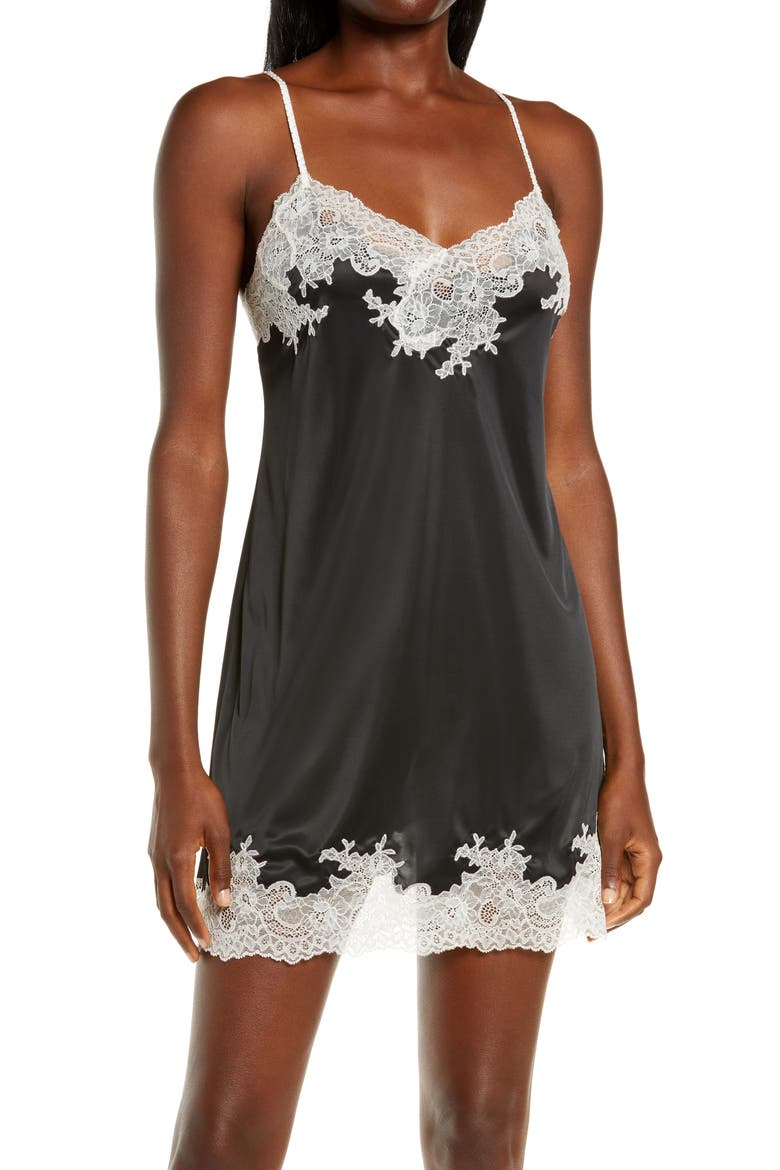 Enchant Lace Trim Satin Chemise, Main, color, BLACK W/ IVORYDNU