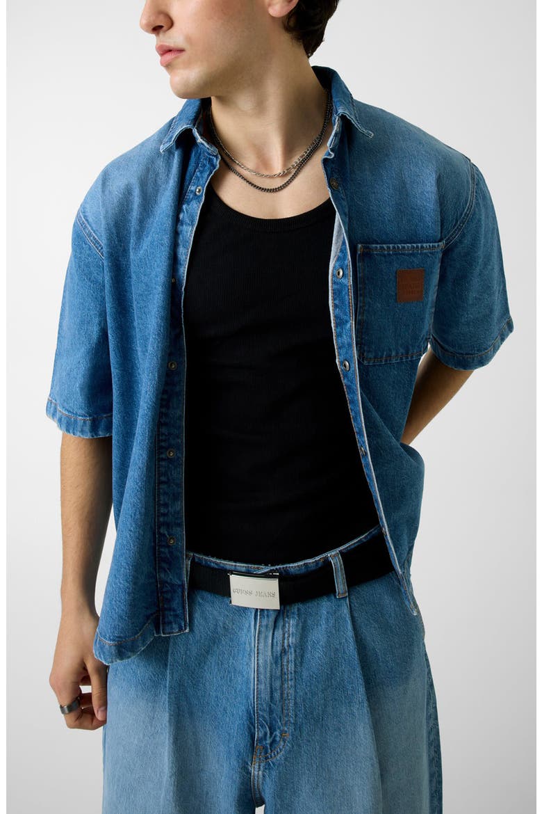Oversize Crop Stretch Cotton Denim Shirt, Main, color, GCLM-OPEN