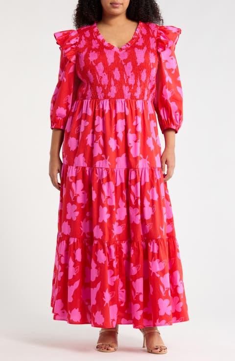 Brighton Smocked Long Sleeve Maxi Dress (Plus)