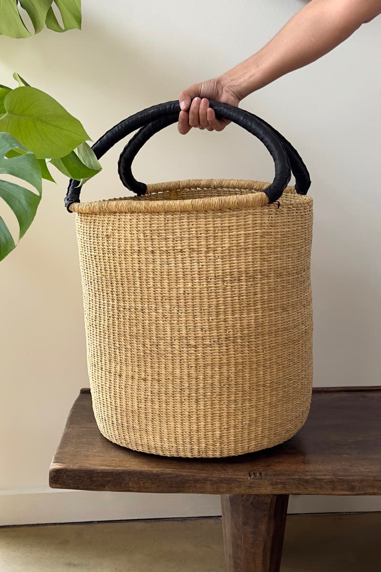 Handwoven Double Weave Hamper Basket with Black Leather Handles, Alternate, color, Natural