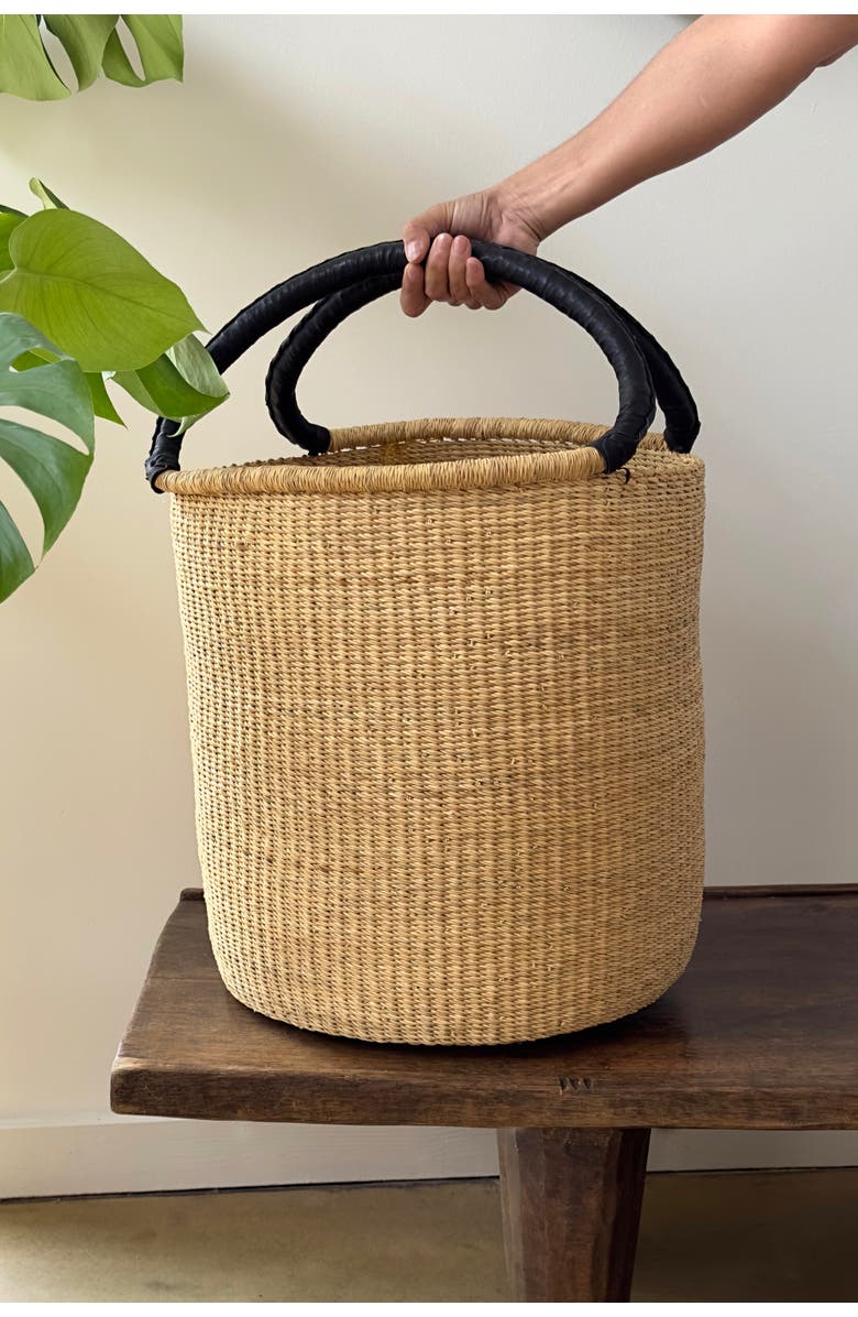 Mbare Handwoven Double Weave Hamper Basket with Black Leather Handles, Alternate, color, Natural