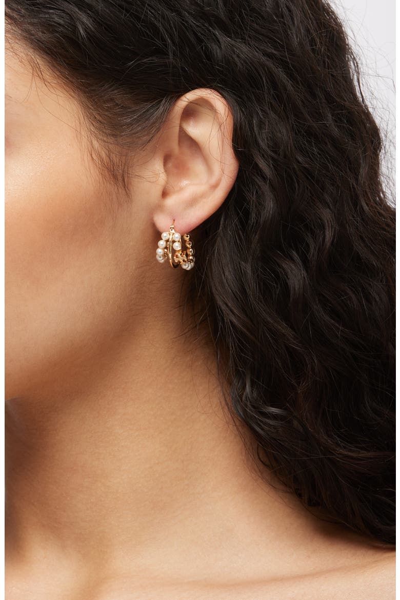 Kira Faux Pearl Triple Row Hoop Earrings, Alternate, color, TORY GOLD / PEARL