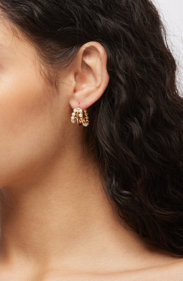 Tory Burch Kira Faux Pearl Triple Row Hoop Earrings, Alternate, color, 