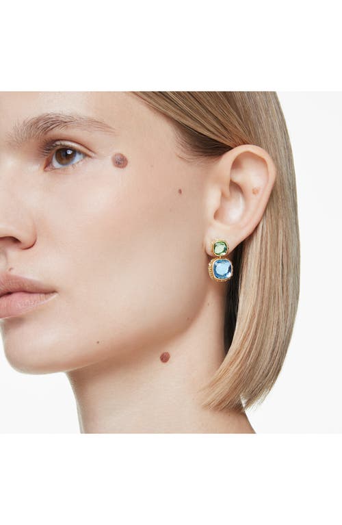 Swarovski Chroma Gold-tone Plated Cushion Cut Drop Earrings In Blue Multi