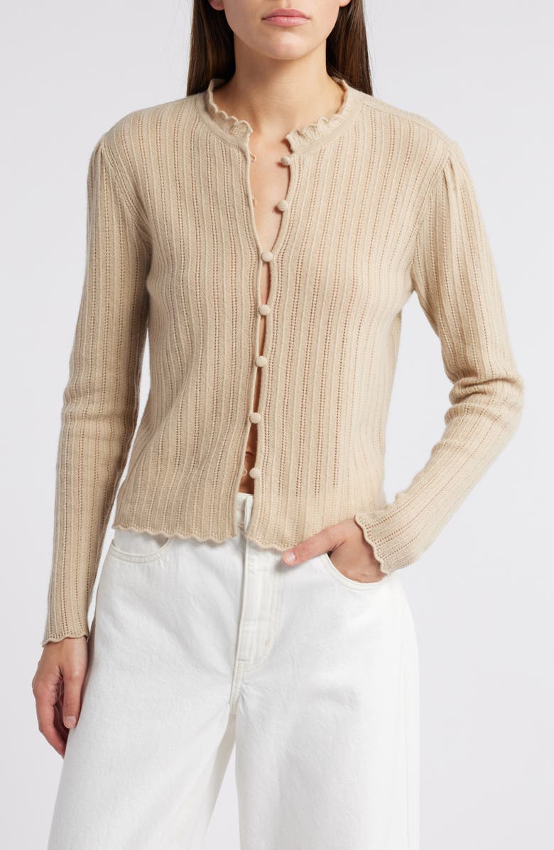 FRAME Ruffle Neck Pointelle Cashmere Cardigan, Main, color, Taupe